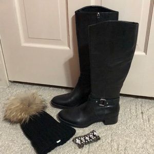 Black buckle knee high boots